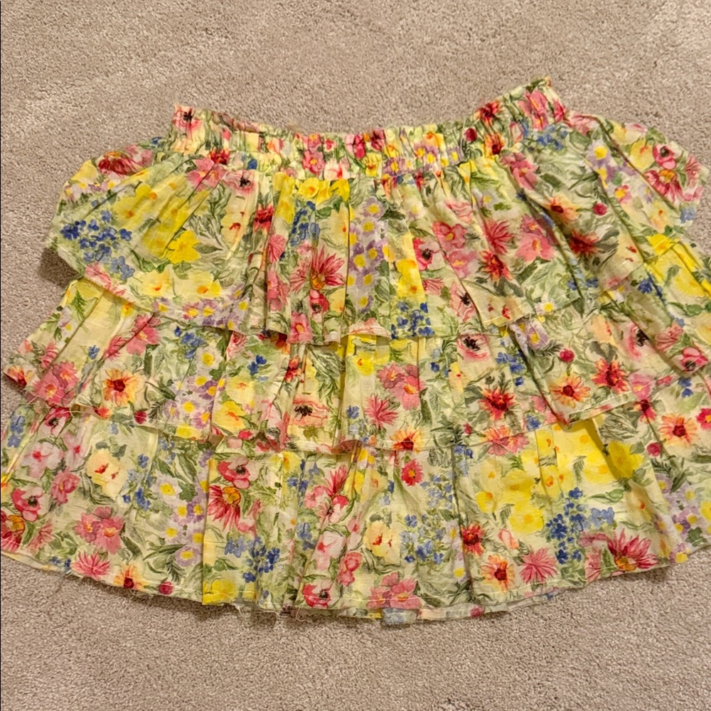 LoveShackFancy Floral Ruffle Mini Skirt - Yellow and Pink